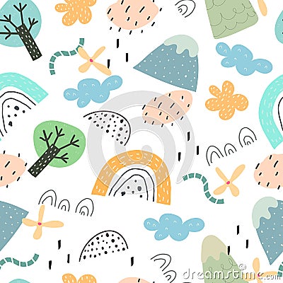 Seamless pattern with cartoon rainbows, trees, clouds, mountains, decor elements. Colorful vector, flat style. Hand drawing for ki Vector Illustration